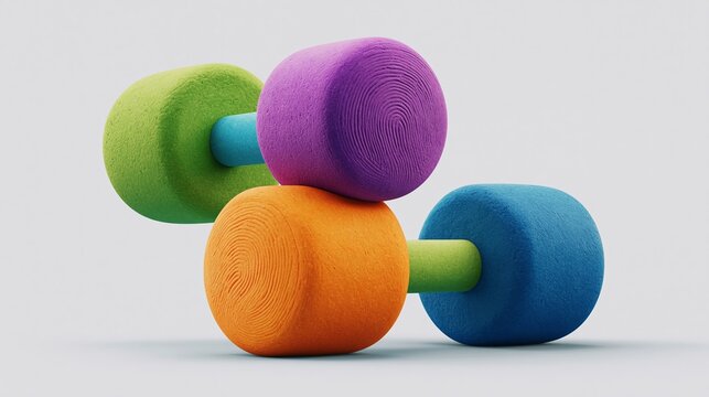 Colorful foam dumbbells stacked together in a dynamic arrangement showcasing vibrant hues of green, purple, orange, and blue against a neutral background