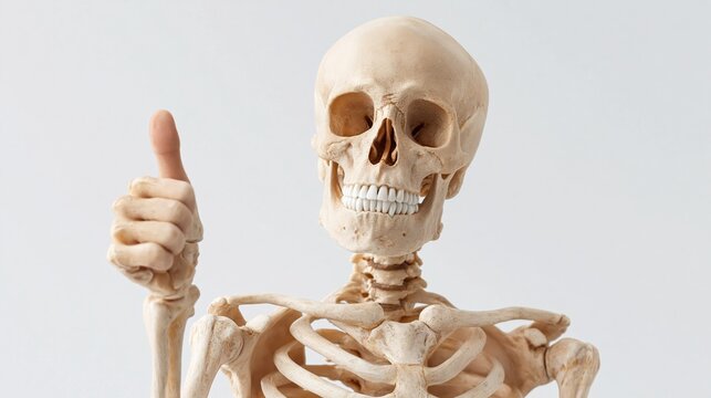 Human skeleton model with a thumbs-up gesture against a plain white background, showcasing anatomical details and structure in a neutral setting