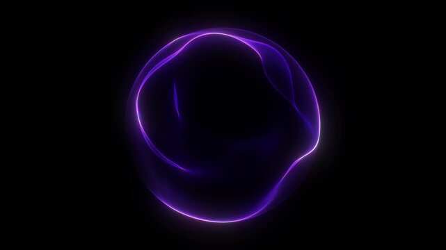 Purple neon glowing ring sphere orb circle shape. Smooth fluid wave ripple motion flow inside core. Luminous gradient energy field in dark space. Seamless loop abstract digital technology
