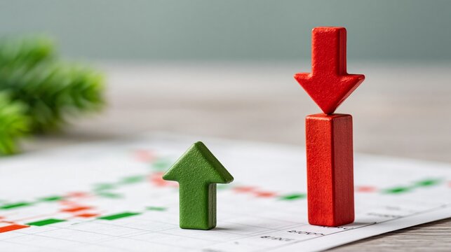 Green and red wooden arrows representing upward and downward trends on a financial chart with blurred background of greenery and a light wooden surface