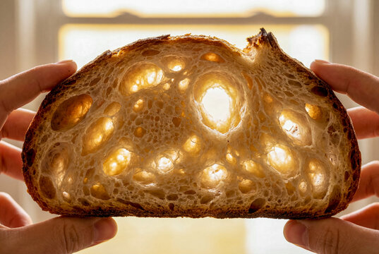 Hands Holding Slice of Sourdough Bread with Large Air Bubbles and Window Sunlight