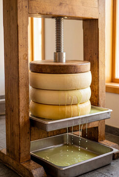 Traditional Wooden Press Squeezing Cheese Wheels in Farmhouse Dairy