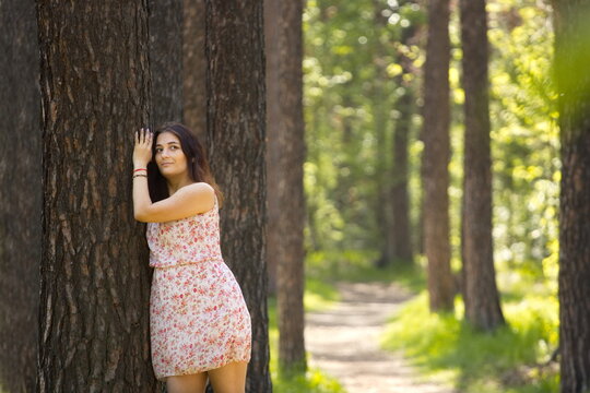 A young woman walking in the forest. A beautiful woman resting in a forest, leaning against a pine tree trunk.
