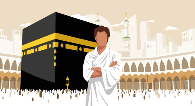 Illustration of a man in a white robe standing confidently in front of the Kaaba with a crowd of people and a cityscape in the background.