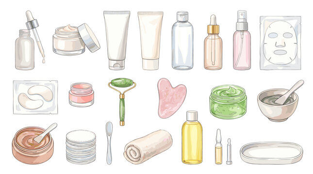 Skincare and spa products vector set with cream jars, tubes, bottles, serum, face mask, gua sha, towel, oils, brush and clay mixing bowl