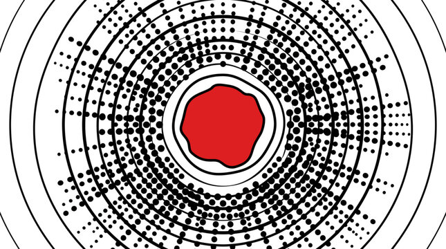 Abstract pop art volcano crater top view with bold red center, concentric contour lines and black halftone dot pattern