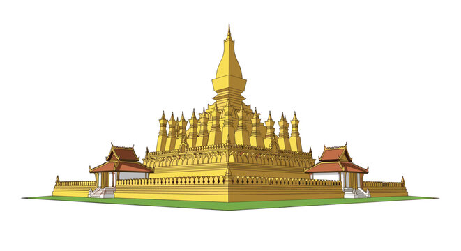 Beautifully detailed illustration of the golden Pha That Luang Buddhist temple located in Vientiane, Laos, showing traditional architectural style.