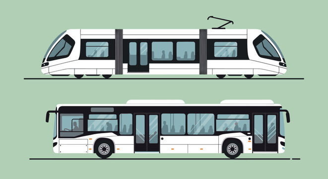 Side view illustrations of a modern white city tram and a public transport bus designed for urban mobility and commuting concepts.