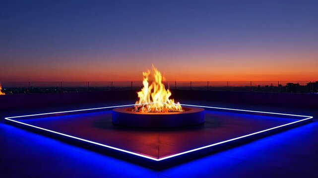 Modern rooftop fire pit with glowing blue border against a twilight cityscape