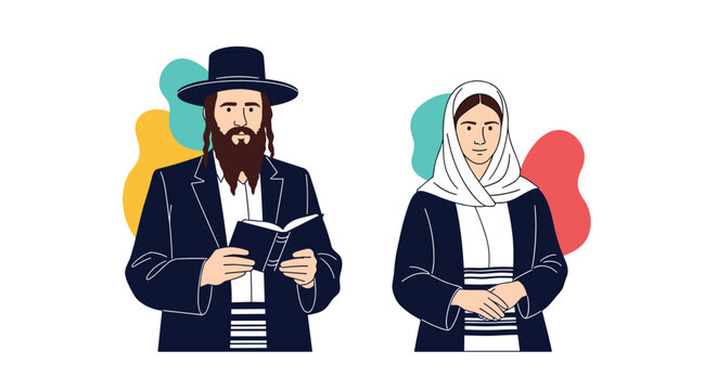 Jewish man and woman in traditional clothing, with the man holding a book, set against abstract colorful shapes on a white background.