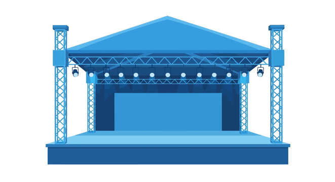 A blue stage with a roof and lighting truss system on a white background