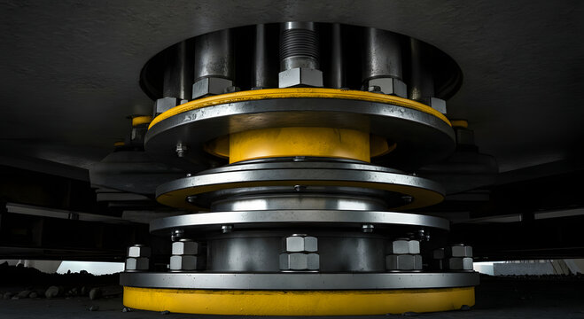 Extreme macro heavy duty industrial seismic shock absorber building foundation metallic chrome yellow.