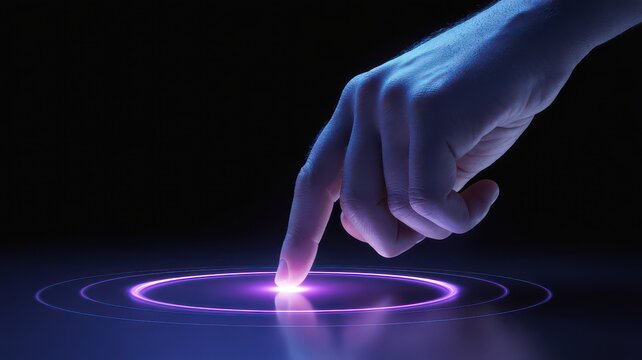 Human hand with index finger touching a glowing purple circle on a dark interactive interface.