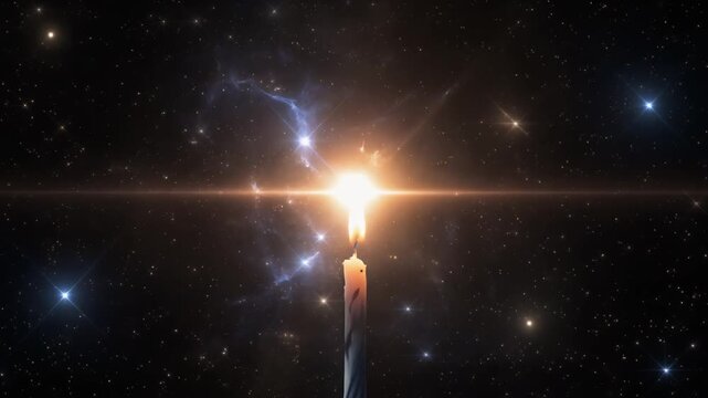 Solitary Candle Flame Illuminating Vast Starry Expanse, Gentle Flicker in Cosmic Nebula, Representing Hope, Guidance, and the Mystery of Infinity