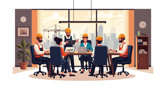 Business people in hardhats meeting.