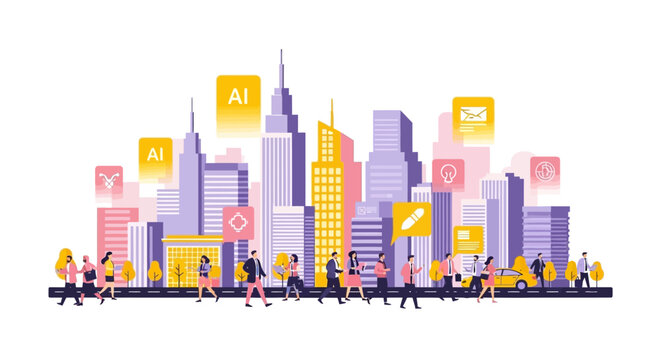 Cityscape with people walking.