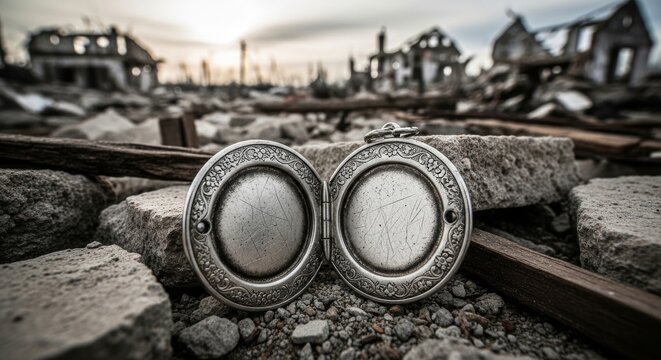 Tarnished silver locket open on rubble in ruins