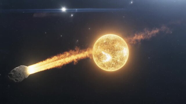 Asteroid approaching glowing sun, blazing fiery trail, passing through solar flares, outer space, deep cosmos, symbolizing cosmic danger