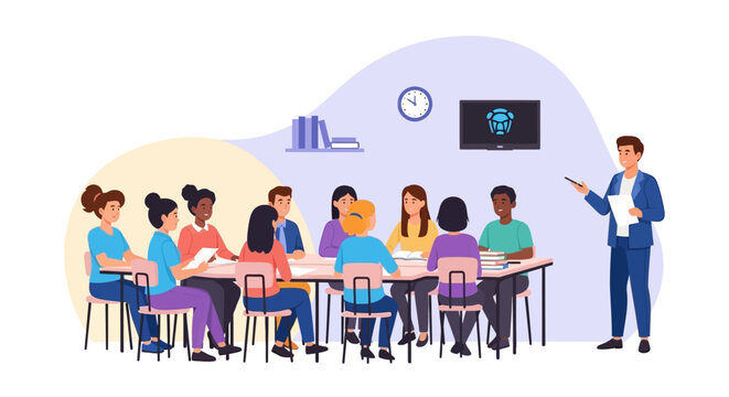 People sitting at desks classroom.