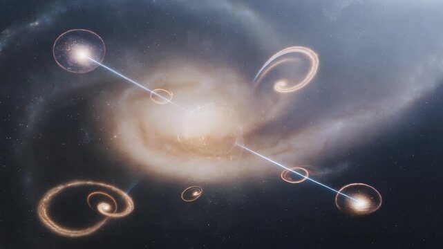 Kinetic cosmic network connection, orbiting celestial bodies, and swirling galaxy, abstract motion graphic symbolizing universal connection