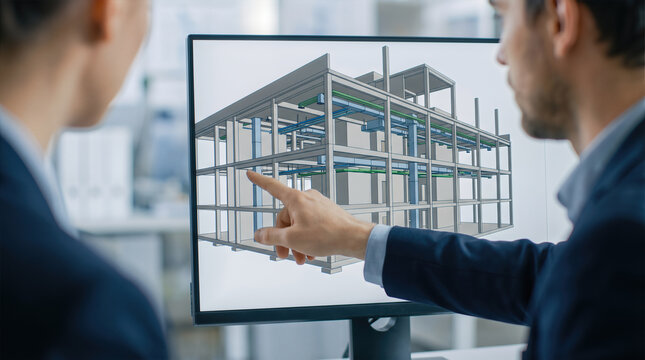 Engineers pointing at bim building structural with mep systems on monitor in office. Architectural engineering design review collaboration and construction planning visualization for multistory