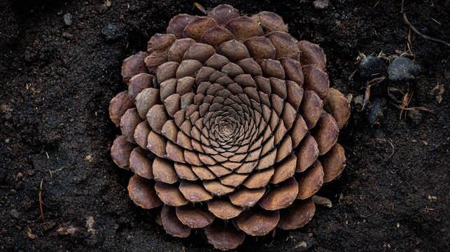 fibonacci. Extreme close-up of a pinecone on soil, focusing on its Fibonacci spiral pattern of scales. gardening catalogs, home-decor guides, designed for gardening and botanical catalogs.