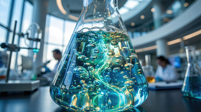 Large erlenmeyer flask with bubbling chemical liquid solution on lab bench in bright modern research facility with scientists working. Chemistry pharmaceutical biotechnology experiment and reaction