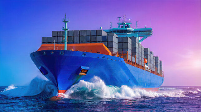 Large container cargo ship loaded with stacked containers sailing open ocean with bow wave. Global maritime freight logistics import export shipping and international trade industry supply chain