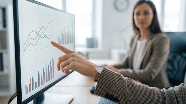Business analyst pointing at multiline and bar chart data on office monitor during colleague discussion. Corporate financial analytics kpi performance metrics visualization and growth strategy review