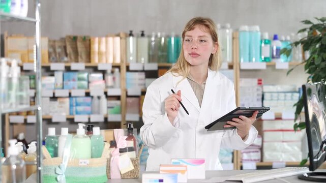Young woman pharmacist conducting inventory with tablet in pharmacy