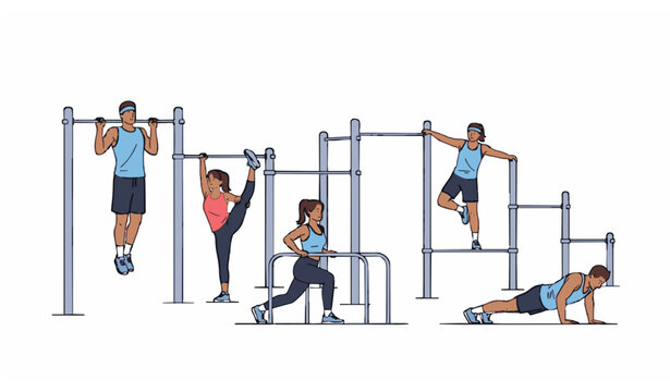 Active people exercising at modern outdoor gym park with pull up bars and fitness training vector illustration