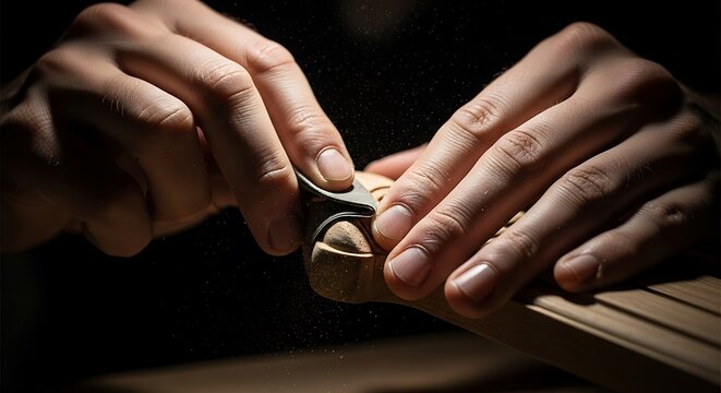 Close-up of craftsman hands sanding a wooden object with sandpaper