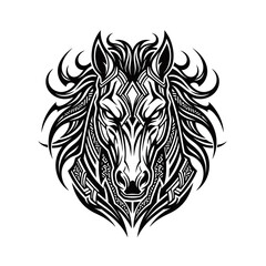 Obraz premium Intricate black and white tribal horse head illustration with detailed geometric patterns and a fierce expression, stylized mane.