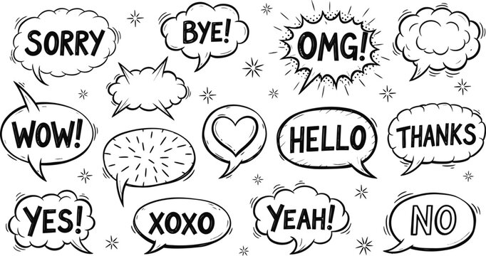 Hand drawn speech bubbles with common expressions and emoticons