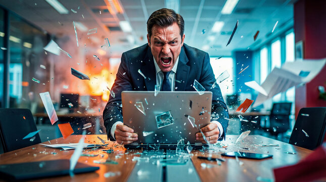 Furious businessman destroying laptop at office desk with glass shards and papers flying in explosive rage. Extreme work stress burnout and emotional breakdown from business failure and corporate