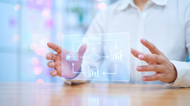 Business process flowchart diagram with growth charts and decision logic on digital . Corporate workflow automation and cycle optimization strategy. Management planning efficiency kpi performance
