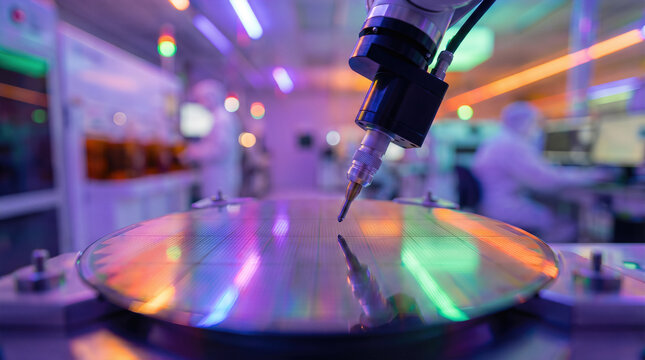 Robotic probe needle touching silicon wafer in semiconductor chip manufacturing cleanroom facility. Microchip fabrication and nanotechnology precision engineering production process. Advanced industry