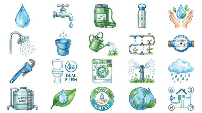Blue and green water conservation vector set with faucet, rain, shower, bottle, watering can, eco globe, filtration, irrigation and saving water symbols.