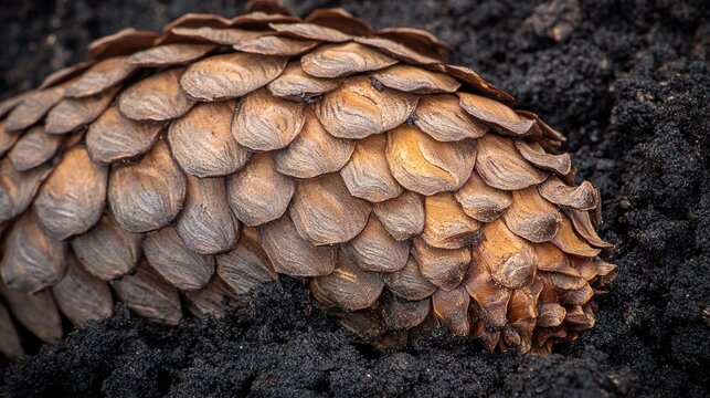 fibonacci. Extreme close-up of a pinecone on soil, focusing on its Fibonacci spiral pattern of scales. gardening catalogs, home-decor guides, designed for gardening and botanical catalogs.