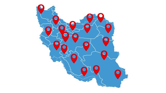 Iran map with pinpoint animation isolated on white background