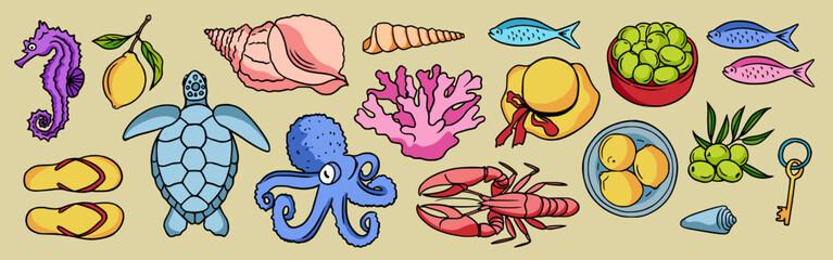 Summer vacation doodle elements set. Dolce vita colorful drawings with beach flip-flops, hat, shells, lemons, corals, octopus and other marine animals © Marina