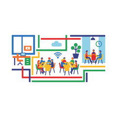 Fototapeta premium Modern collaborative office workspace with people working illustration