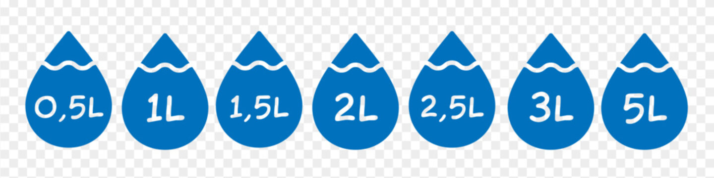 Water capacity symbols set. Liquid drop icon collection with fluid volume in liters.