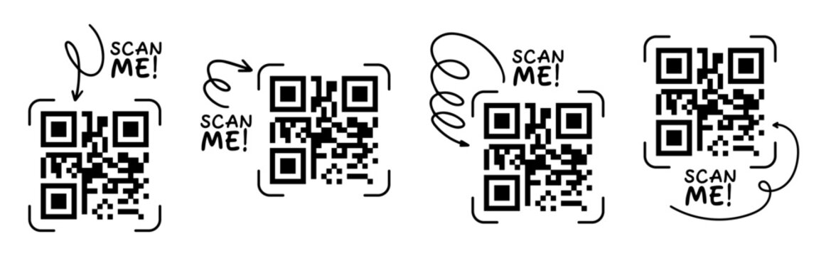 Scan me icon set with QR code and doodle arrow. Qrcode template collection for mobile app