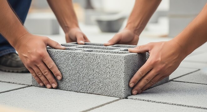 Close-up of workers placing a concrete block on a construction site