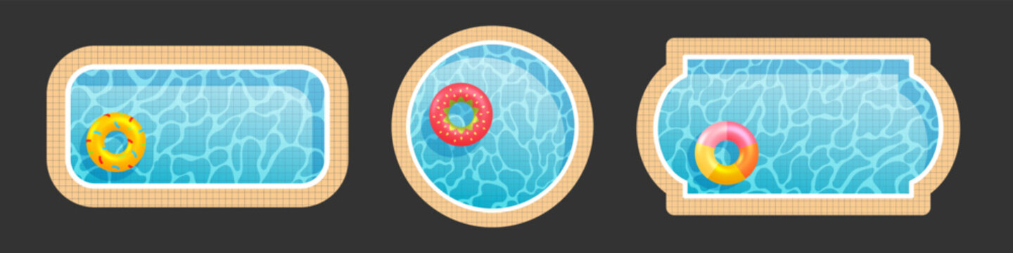 Swimming pool set Top view with water ripple pattern and colorful floaties