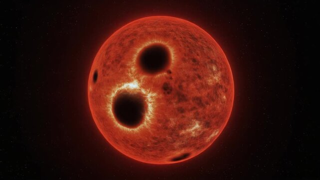 Dynamic red dwarf star with prominent sunspots, rotating slowly against a backdrop of starry space, symbolizing the vastness of the cosmos and cosmic