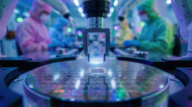 Semiconductor wafer fabrication in cleanroom with precision chip placement arm and technicians in protective suits. Silicon microchip manufacturing and quality inspection for advanced electronics
