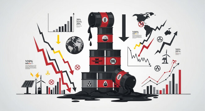 Oil barrels and charts showing market decline.