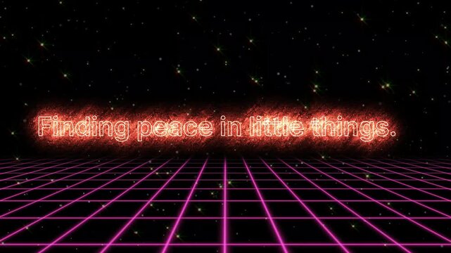 Glowing neon grid with 'finding peace in little things' text on black background with stars